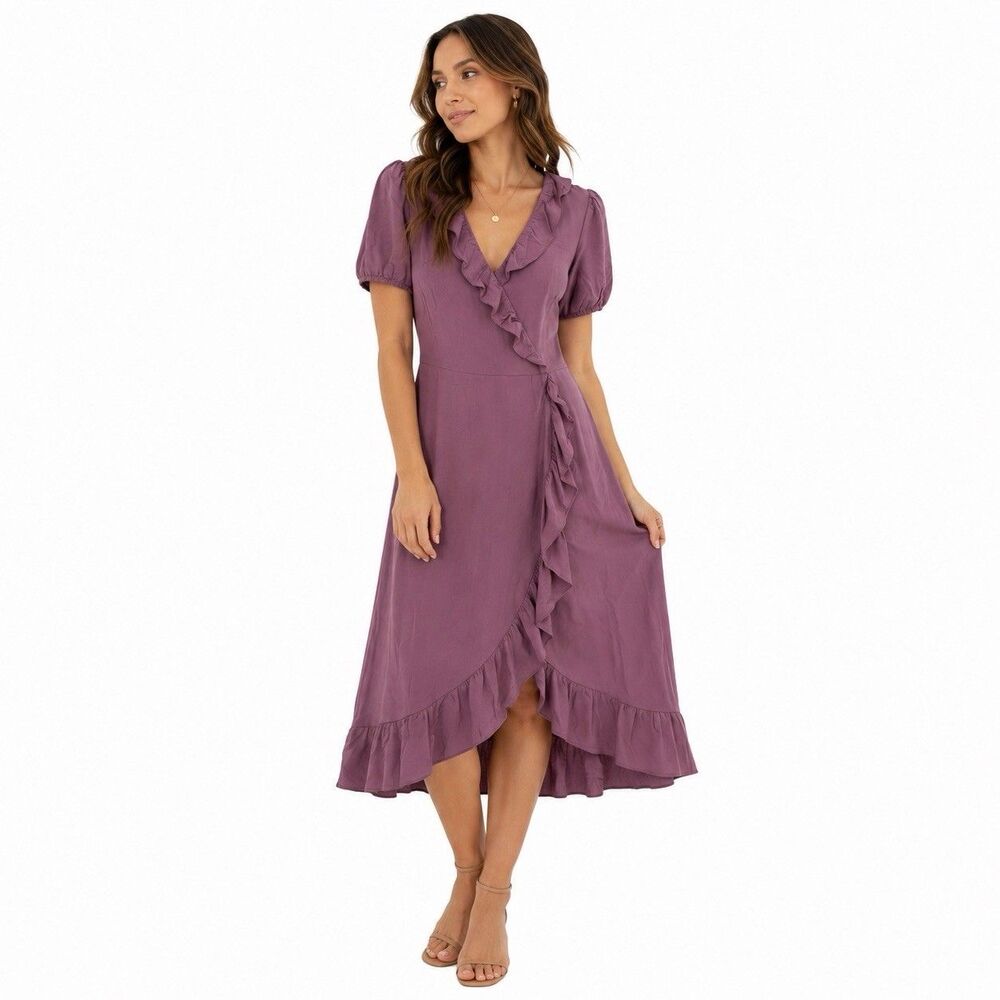 LOFT Women’s Mauve Ruffle Wrap Midi Dress Short Sleeve Cottagecore Romantic Sz 4
